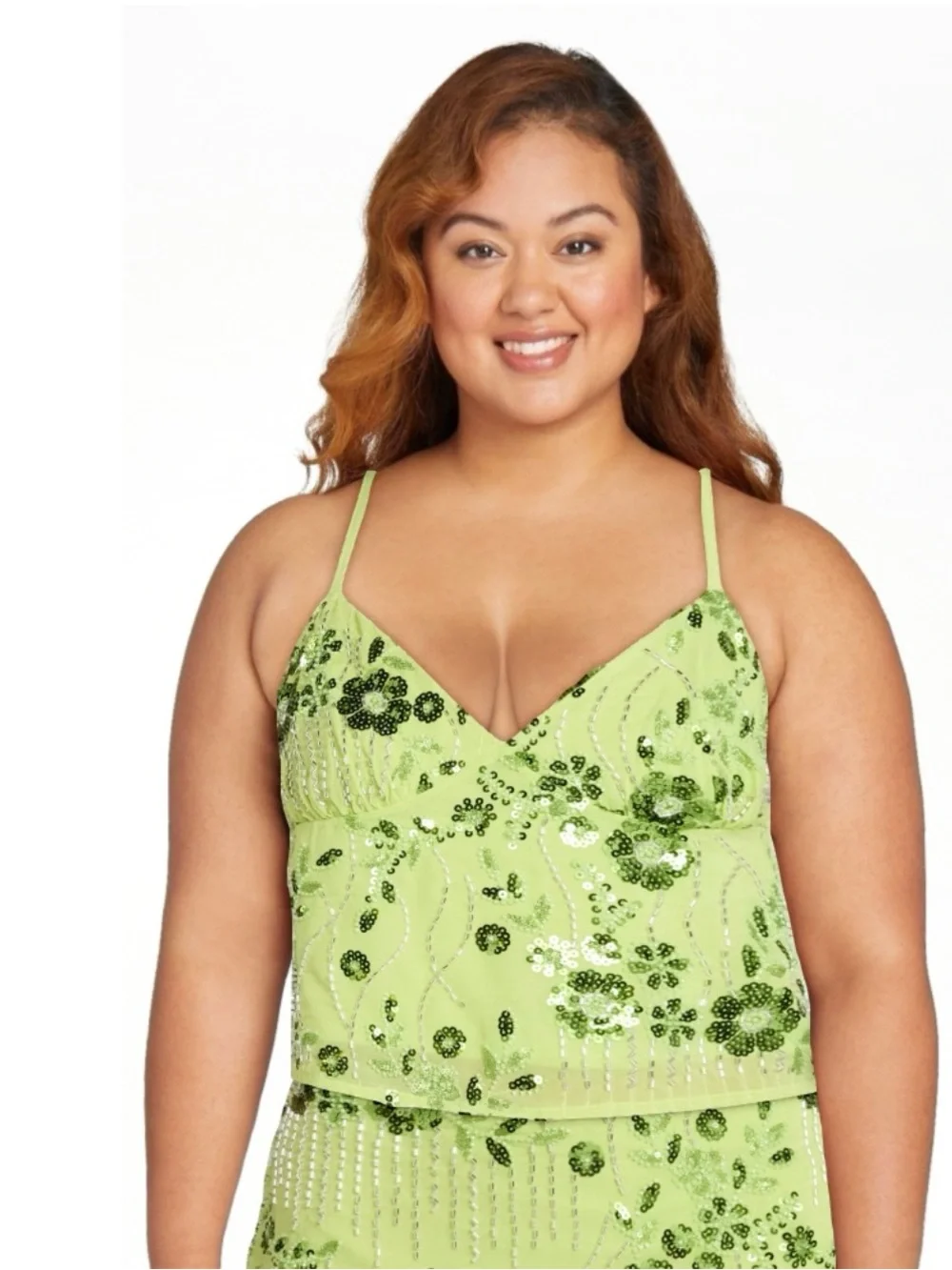 No Boundaries Lime Green Sequin Floral Crop Top & Mini Skirt Set